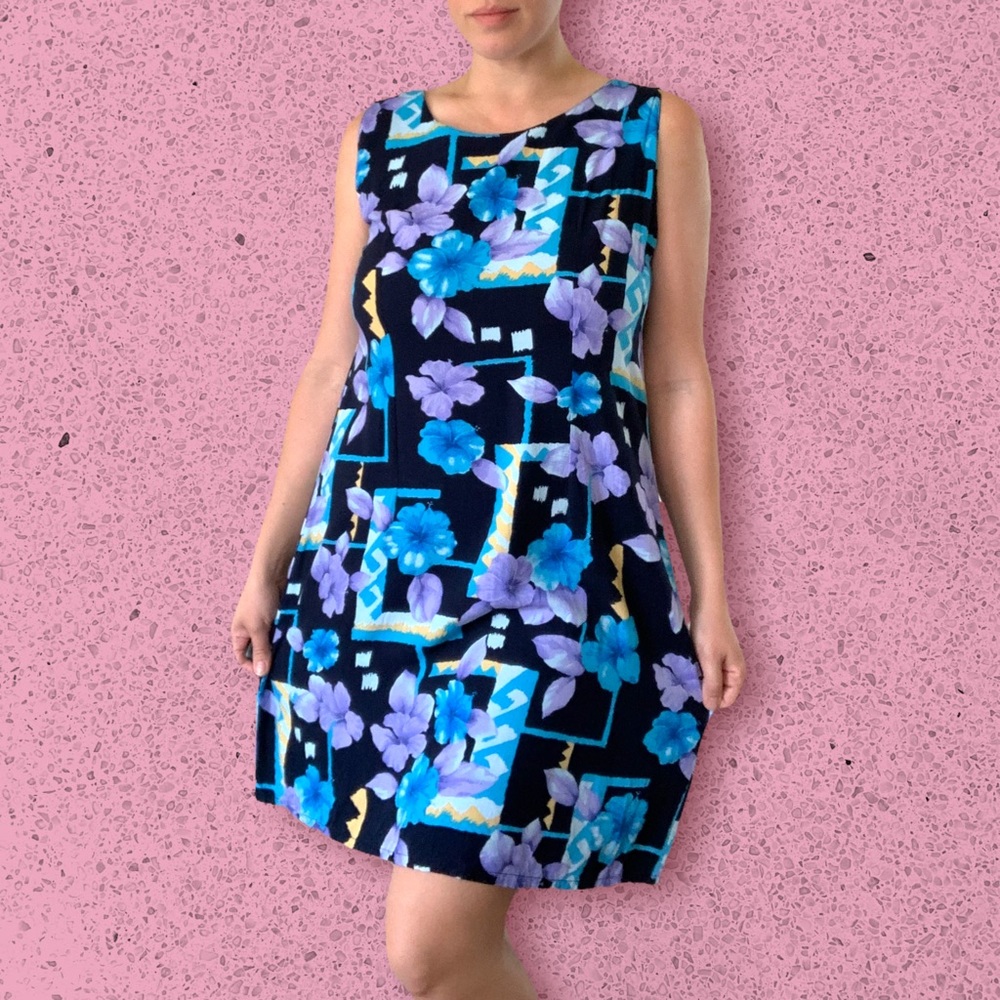 Vintage 1990s Hibiscus Collection Hawaii Rayon Blue Purple Floral Dress